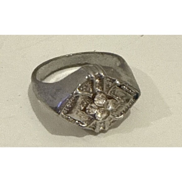 Mens Ring Size 13 Silver Tone Four Clear Stones Design Good Used Condition - Picture 1 of 11